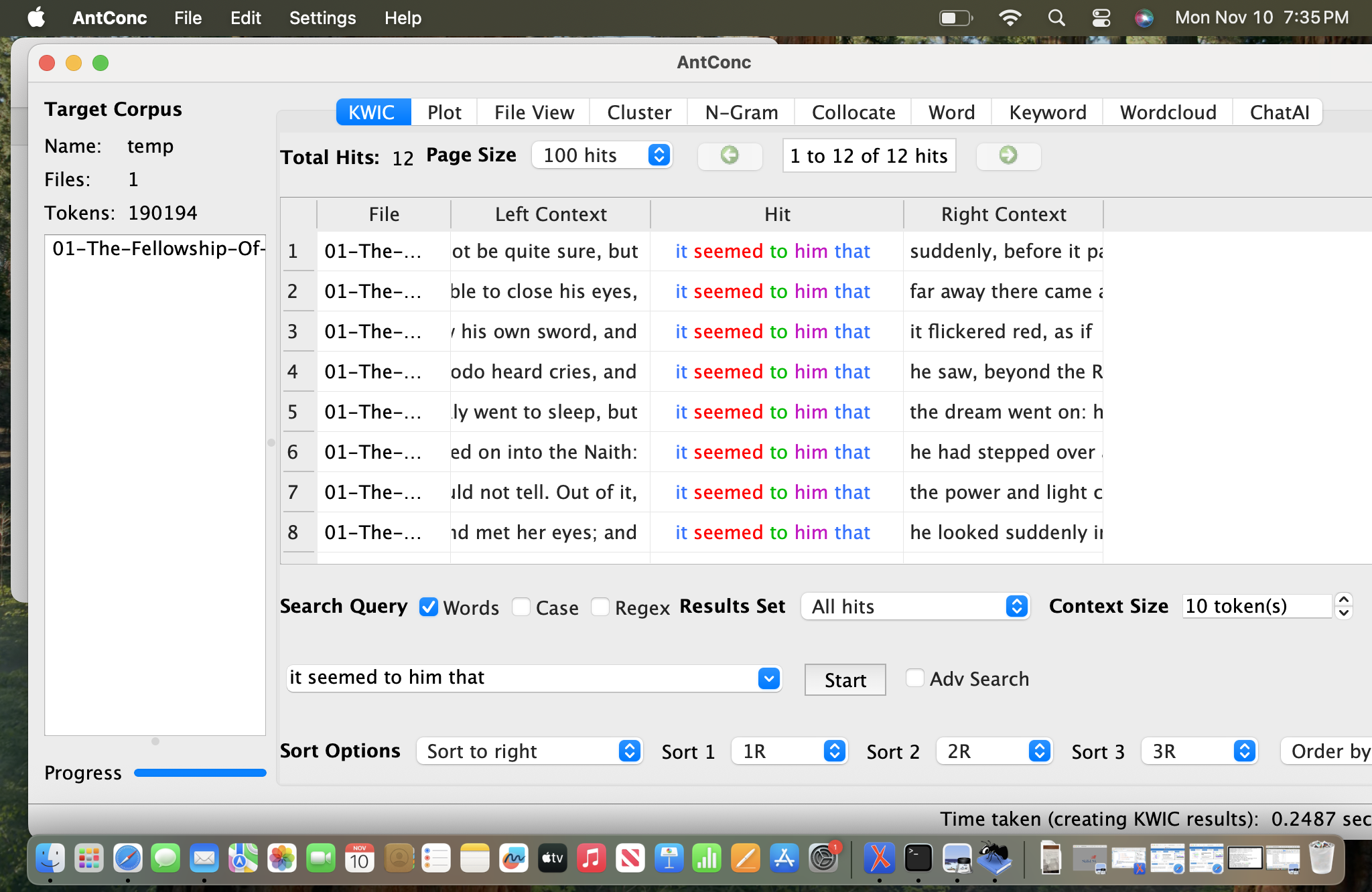 This shows the first text in antconc analysis