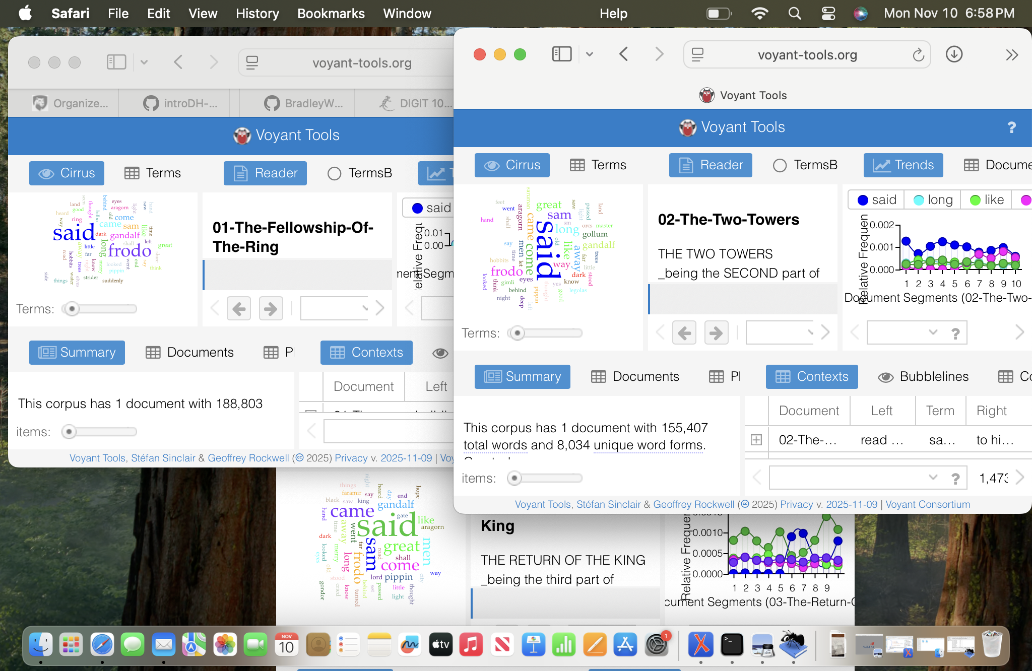 Here is a screenshot of all three texts from the voyant software